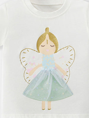 White cotton toddler tee with fairy graphic, gold glitter hair, blue floral dress, and sheer mint skirt.