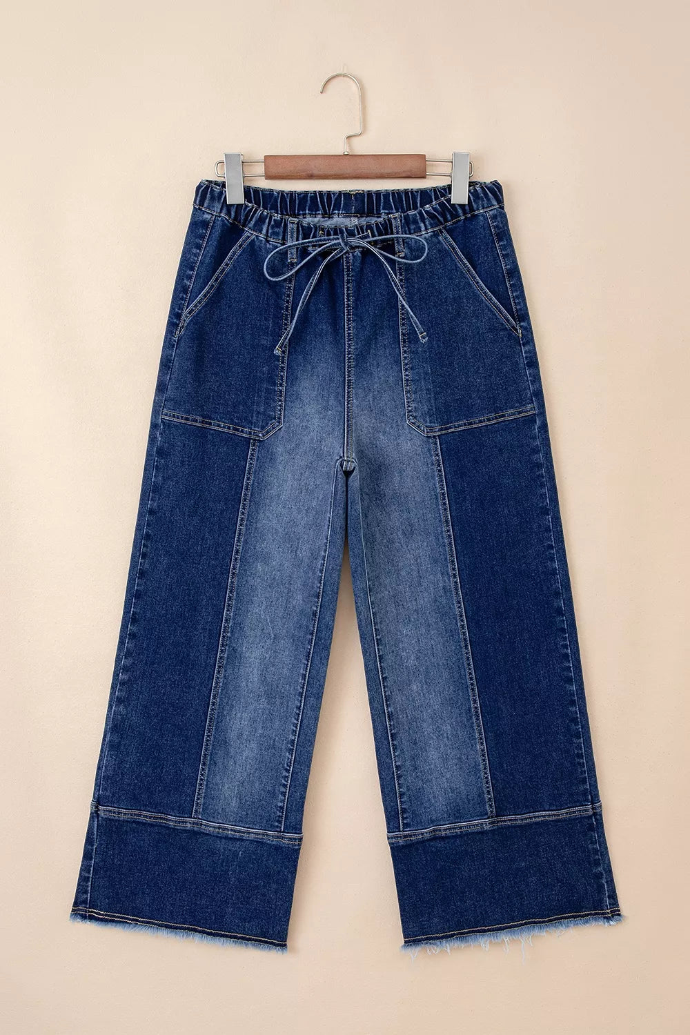 Drawstring Raw Hem Wide Leg Denim Pants, fit detail