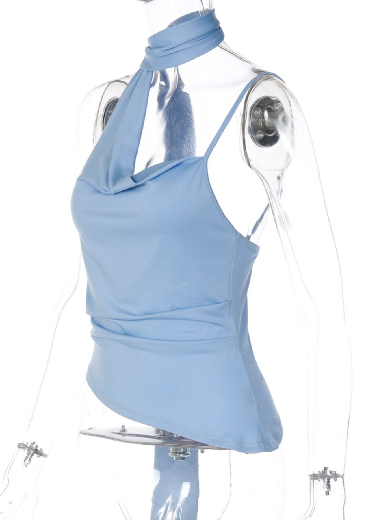 Light blue ruched cami top with asymmetrical neckline and spaghetti straps