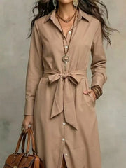 Tie Waist Long Sleeve Shirt Dress Plus Size in Red, side view