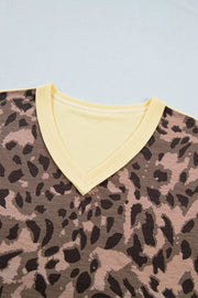 Leopard Print Long Sleeve V-neck Top & Pant Set in Coffee Brown, alternate angle