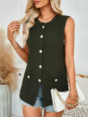 Buttoned knit vest in Black Forest with round neckline, front buttons, and patch pockets.