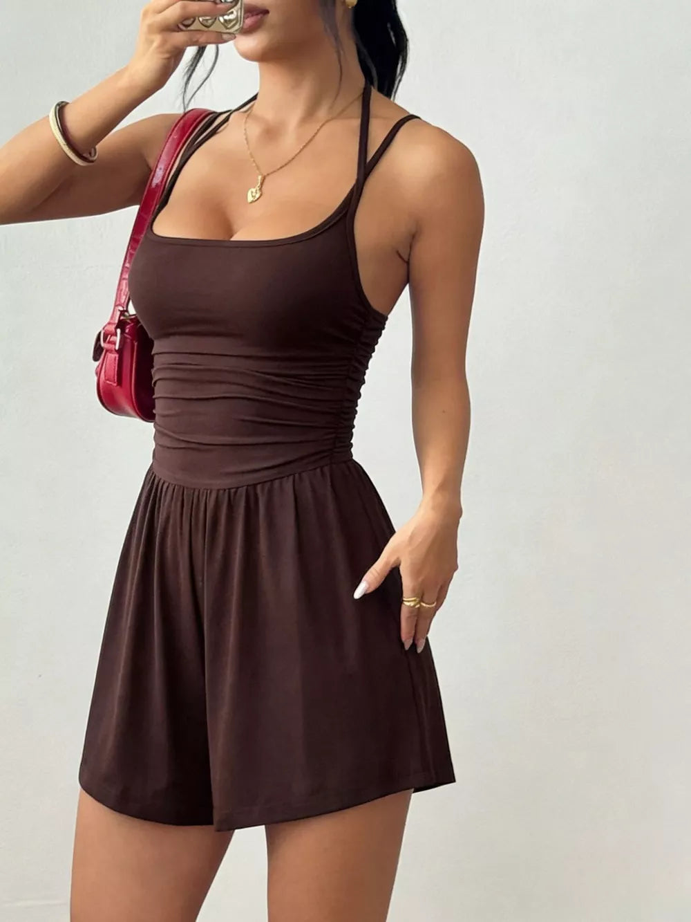 Ruched Spaghetti Strap Romper in Olive Green, side view