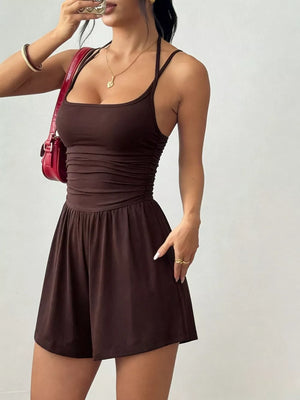 Ruched Spaghetti Strap Romper in Olive Green, side view