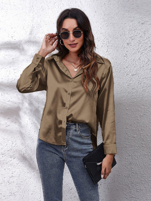 Taupe satin finish button-up shirt with a relaxed fit and collared neckline.