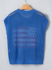 Blue acrylic knit top with an American flag graphic, crew neck, and sleeveless design.