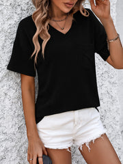 Black ribbed v-neck t-shirt with short sleeves and a chest pocket.