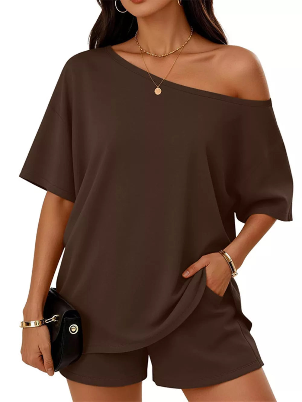 Brown boat neck tee and shorts set with off-the-shoulder styling.