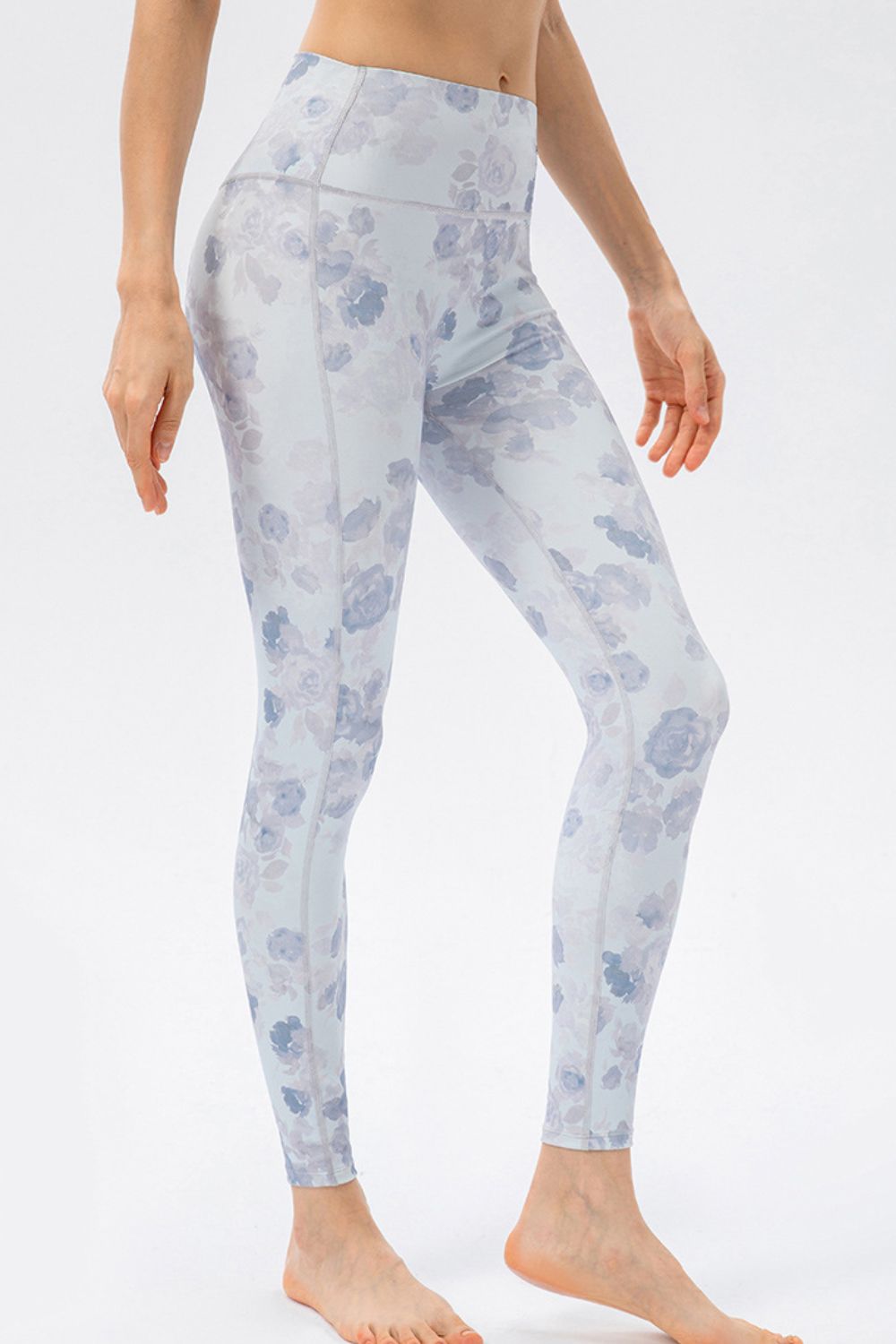 Light blue floral print skinny leggings with a high waist.