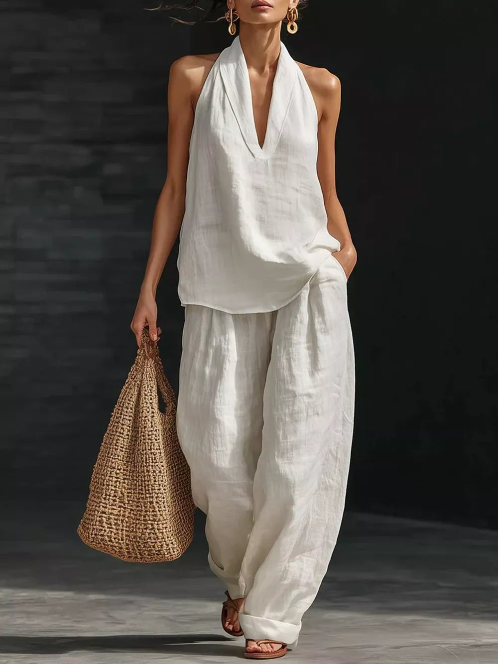 White halter neck top with flowing wide-leg pants set, casual breezy women's outfit