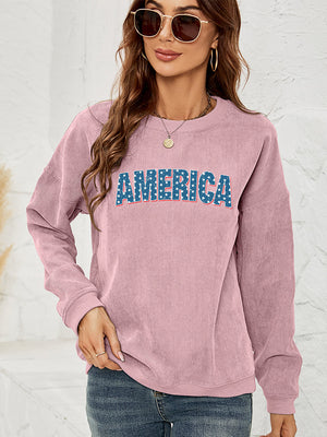 Dusty Pink corduroy sweatshirt with "AMERICA" graphic, crewneck, long sleeves.
