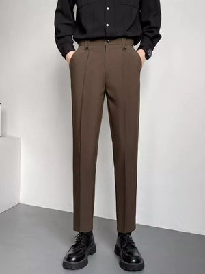 Men's coffee brown slim fit ankle-length trousers with double button waist detail.