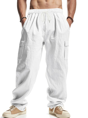 White cargo sweatpants with drawstring and side pockets, relaxed fit.