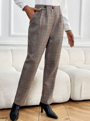 High-waisted taupe plaid trousers with pleat detail and button closure.