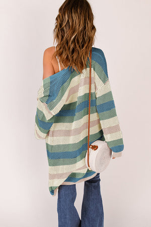 Multicolor open knit duster cardigan with horizontal stripes and a relaxed fit.