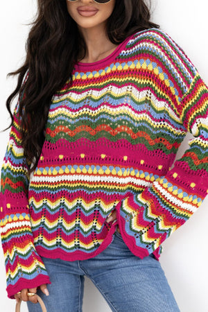 Multicolor crochet wave knit sweater with open knit details and a crew neck.