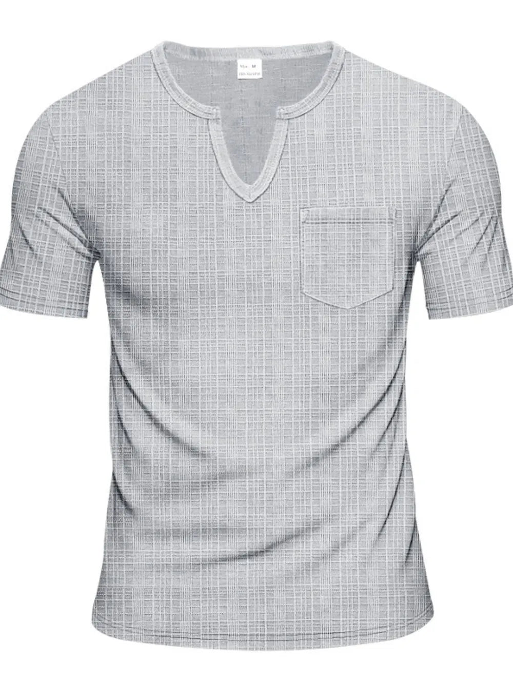 Gray textured notch neck t-shirt with a chest pocket.