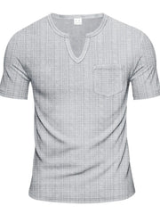 Gray textured notch neck t-shirt with a chest pocket.