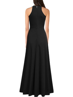 Black sleeveless maxi dress with a high neckline and a-line skirt
