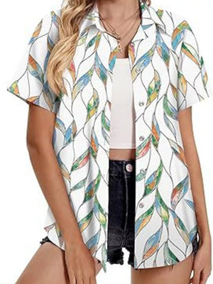 White short sleeve button-up shirt with a colorful leaf print.