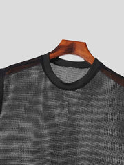 Black open-knit sleeveless top with crew neck and mesh texture