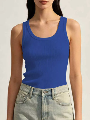 Ribbed Knit U-neck Tank in White, product detail