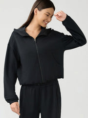 Black cropped active hoodie with zipper, hood, and pockets.