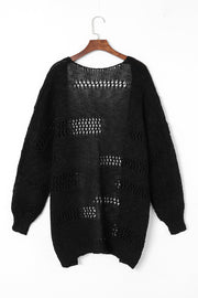 Black open-knit slouch cardigan with a relaxed fit and airy texture.
