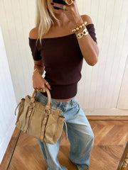 Off-shoulder Short Sleeve Knit Top in Brown, model styling view