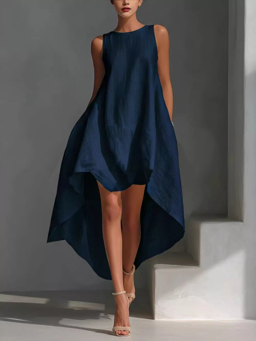 Dark navy asymmetrical sleeveless flowing dress with a high-low hem
