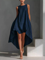 Dark navy asymmetrical sleeveless flowing dress with a high-low hem