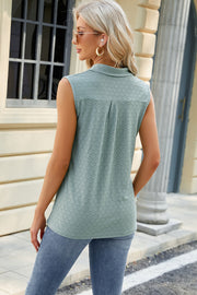 Light green eyelet polo tank with pleated bib detail