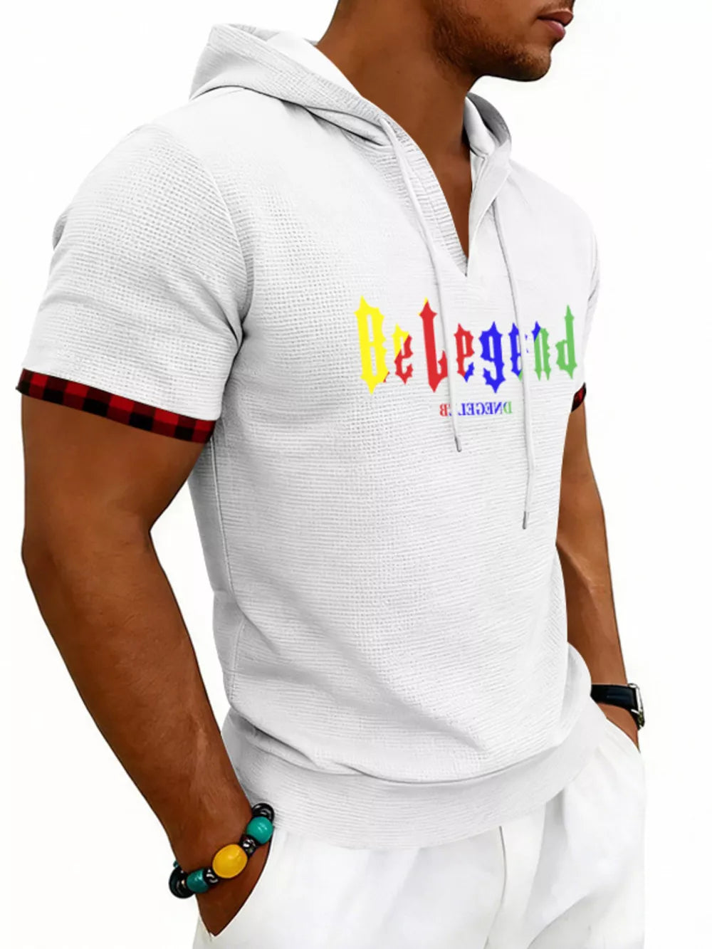 Men's Full Size Letter Graphic Short Sleeve Hooded Top in Royal Blue, model styling view