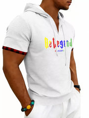 Men's Full Size Letter Graphic Short Sleeve Hooded Top in Royal Blue, model styling view