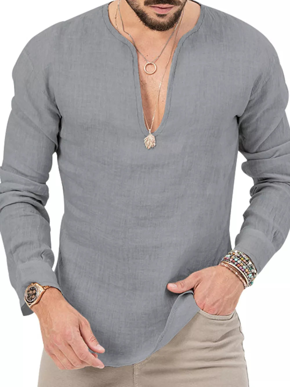 Men's Slim Fit Long Sleeve Blouse Plus Size in White, editorial view