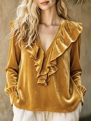 Full Size Ruffled V-neck Long Sleeve Blouse, back view