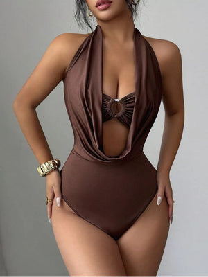Brown halter neck cutout ruched bodysuit with a draped cowl neckline and ring detail.