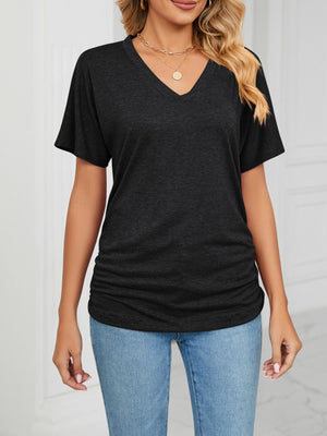 Relaxed grey V-neck short sleeve t-shirt with ruched sides.