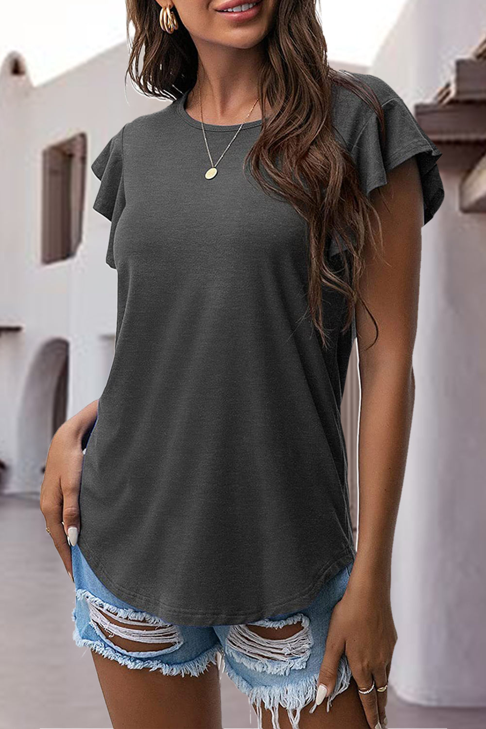 Dark Gray Ruffled Sleeve Everyday Tee with crew neck and curved hem.