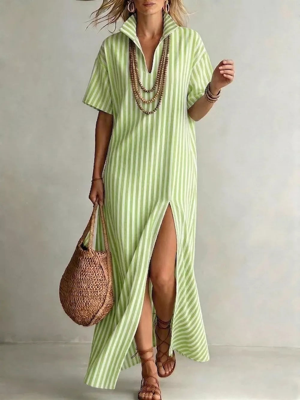 Full Size Striped Maxi Dress With Side Slit, close-up detail