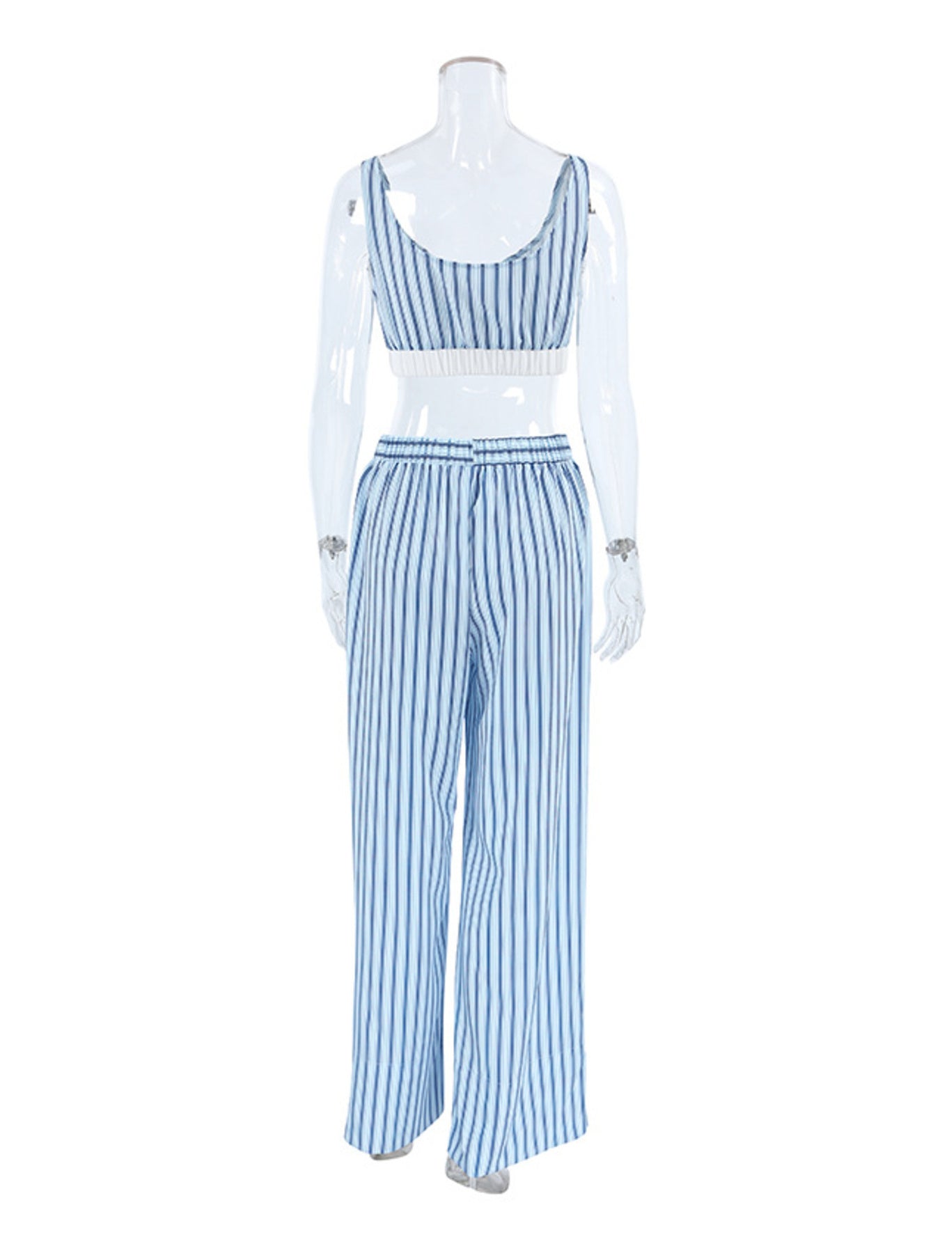 Blue and white striped cami and wide-leg lounge pants pajama set with elastic waistband.