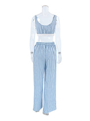 Blue and white striped cami and wide-leg lounge pants pajama set with elastic waistband.
