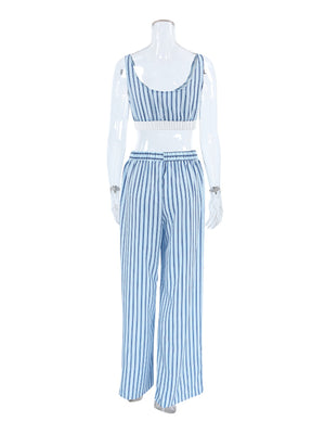 Blue and white striped cami and wide-leg lounge pants pajama set with elastic waistband.