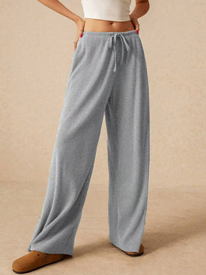 Gray ribbed palazzo lounge trousers with drawstring waist and wide leg