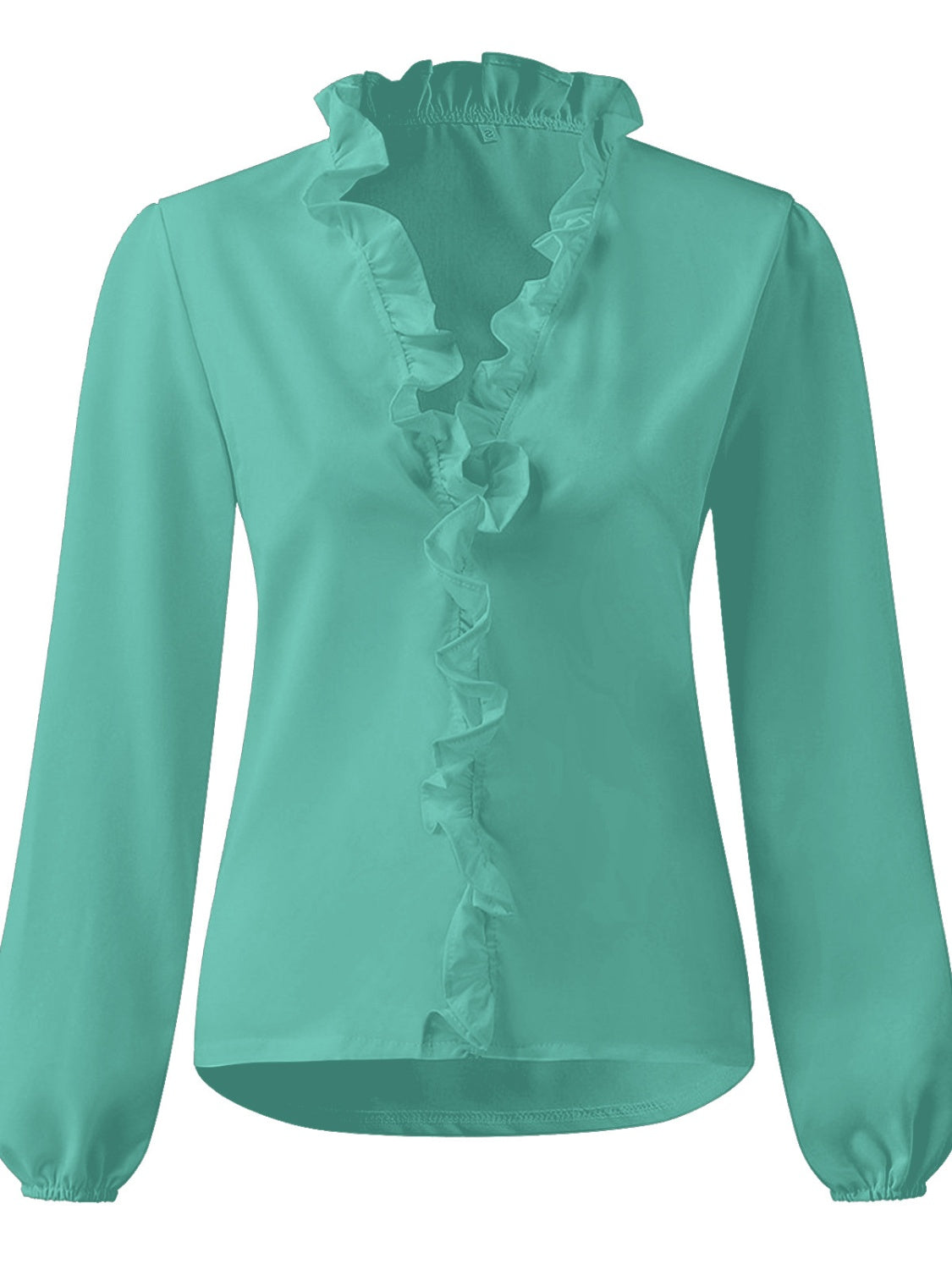 Teal blouse with cascading ruffle front and balloon sleeves.