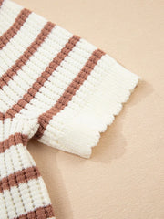 Scalloped-trimmed striped knit top in caramel and white acrylic with a textured stitch.
