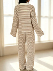 Striped Long Sleeve Polo And Wide-leg Pants Set in Green, view 17