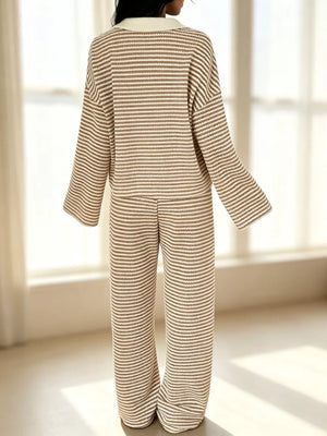 Striped Long Sleeve Polo And Wide-leg Pants Set in Green, view 17