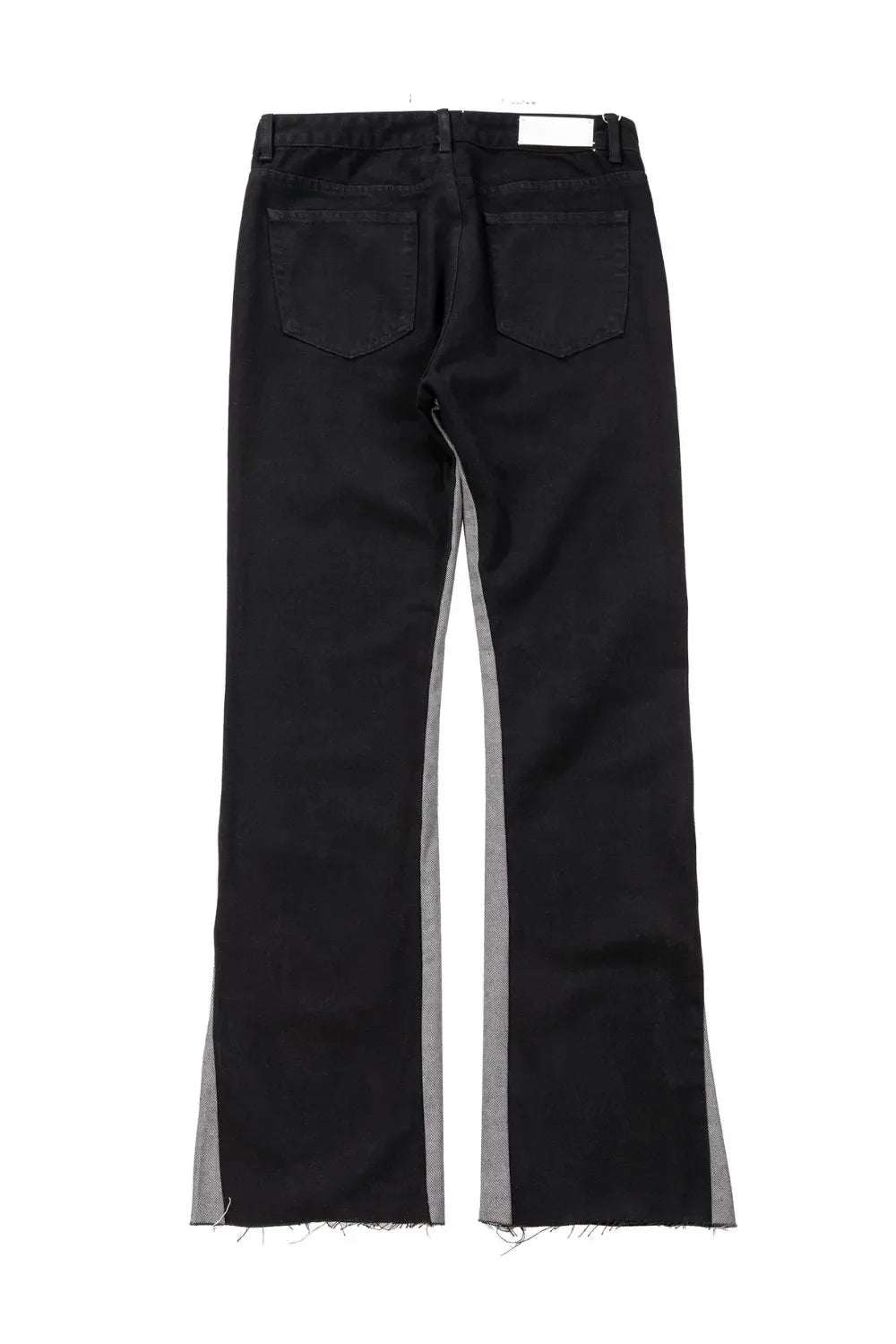 Black cotton bootcut jeans with contrast side panels and raw hem