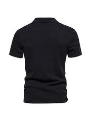 Black cotton blend men's casual polo shirt with notched collar and short sleeves.